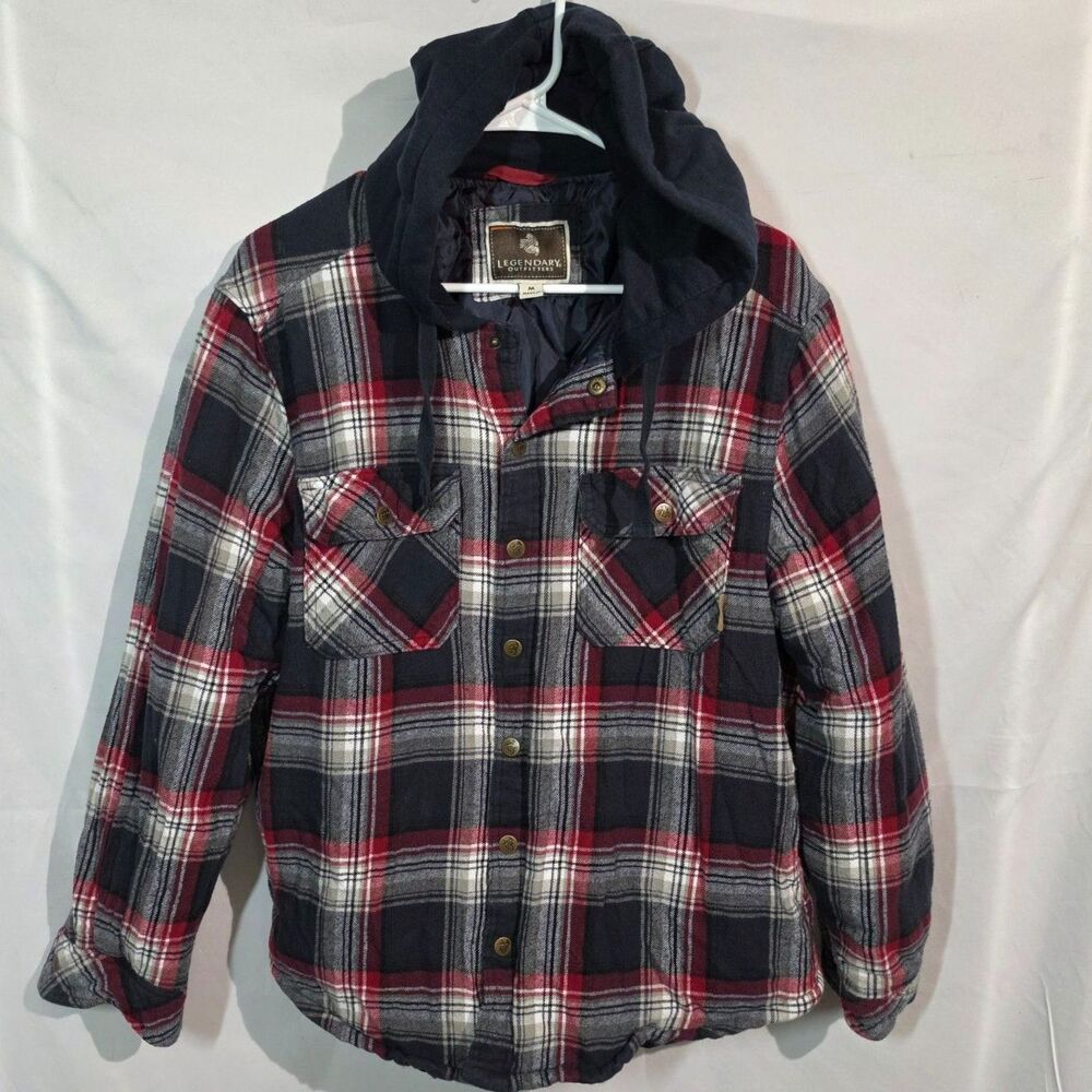 Legendary Outfitters Quilted Hooded Flannel Shirt Jacket Red Navy Men's Size M